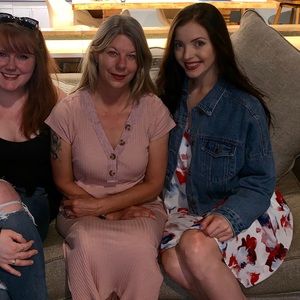 Red, white and blue flowy floral dress.